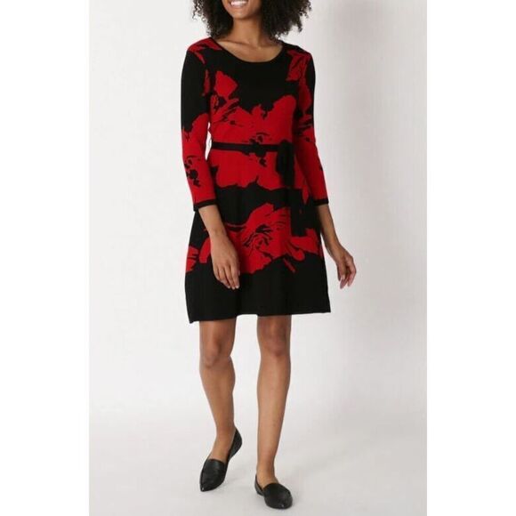 Nina Leonard Women's Sz S Red Floral Belted Jacquard Fit & Flare Sweater Dress - Picture 7 of 8